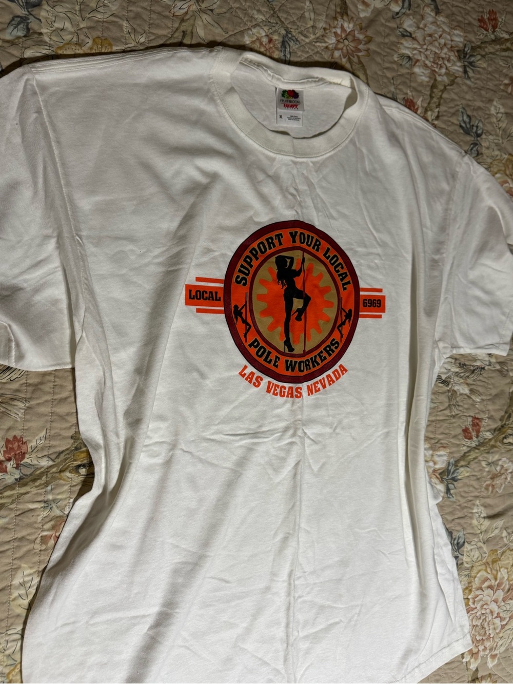 Fruit of the Loom White T‑Shirt with Orange and Black Pole Workers Graphic